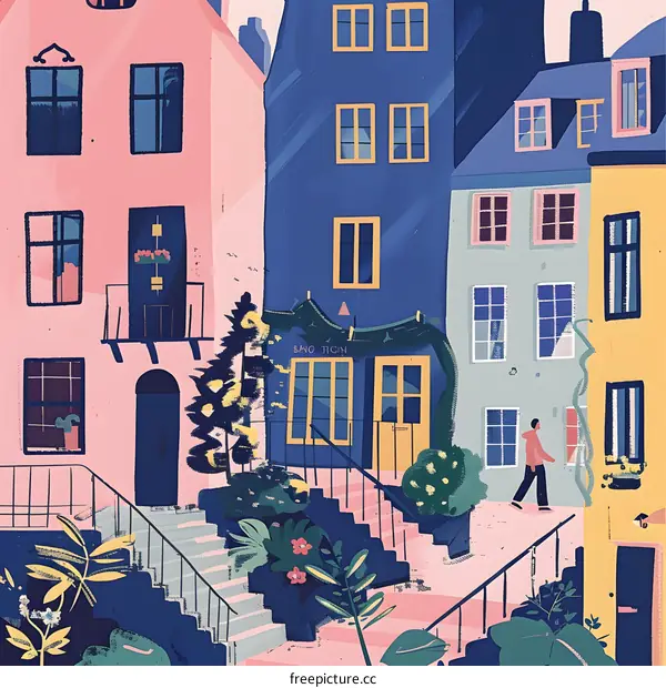 Colorful Illustration of a City Street with Buildings, Stairs, and a Person