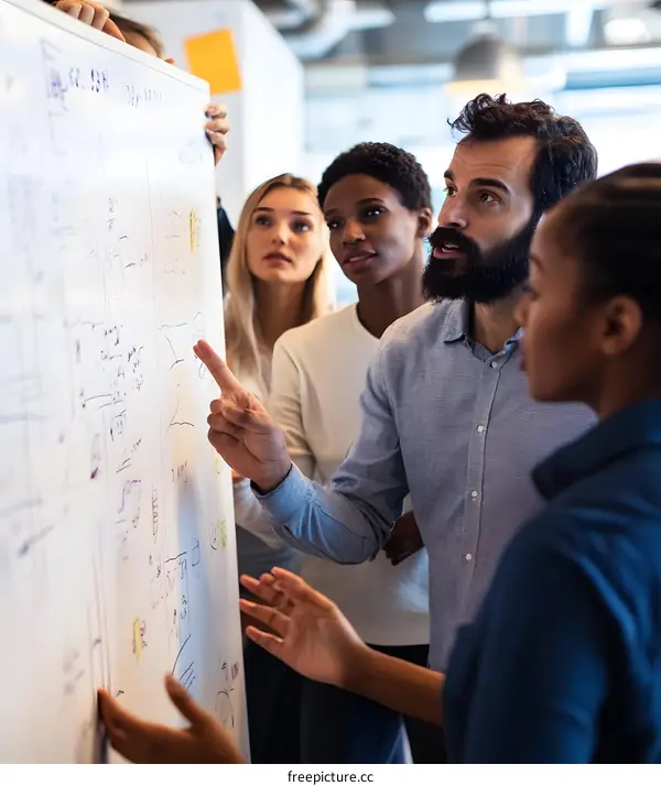 Diverse Team Discussing Strategy On Whiteboard In Office