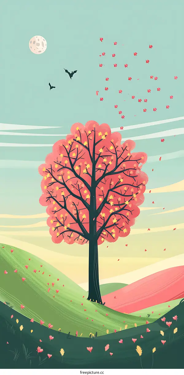 Autumn Landscape with Tree, Moon, and Bats