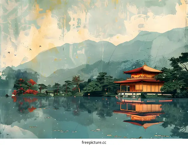 An illustration of a traditional Japanese temple with a red roof and golden walls, surrounded by trees and mountains.