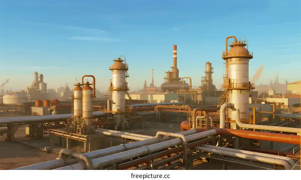 Industrial refinery with various pipes and towers under clear sky