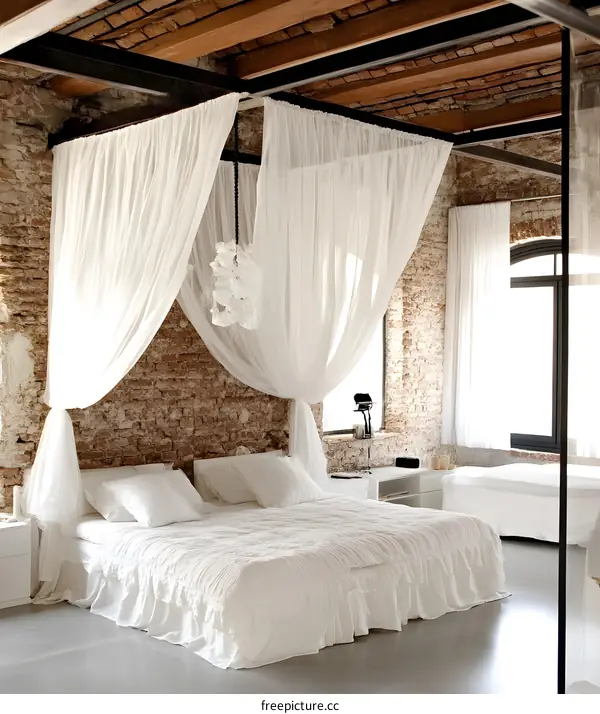 White Canopy Bed in Rustic Brick Loft Bedroom
