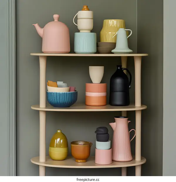 Stylish Ceramic Kitchenware on Wooden Shelves