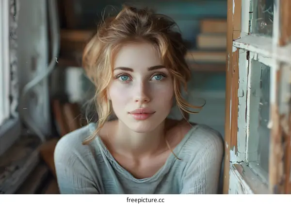 portrait of a young woman with freckles and blue eyes