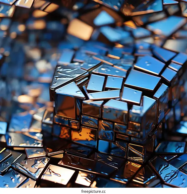 3D illustration of a blue and gold Rubik's Cube