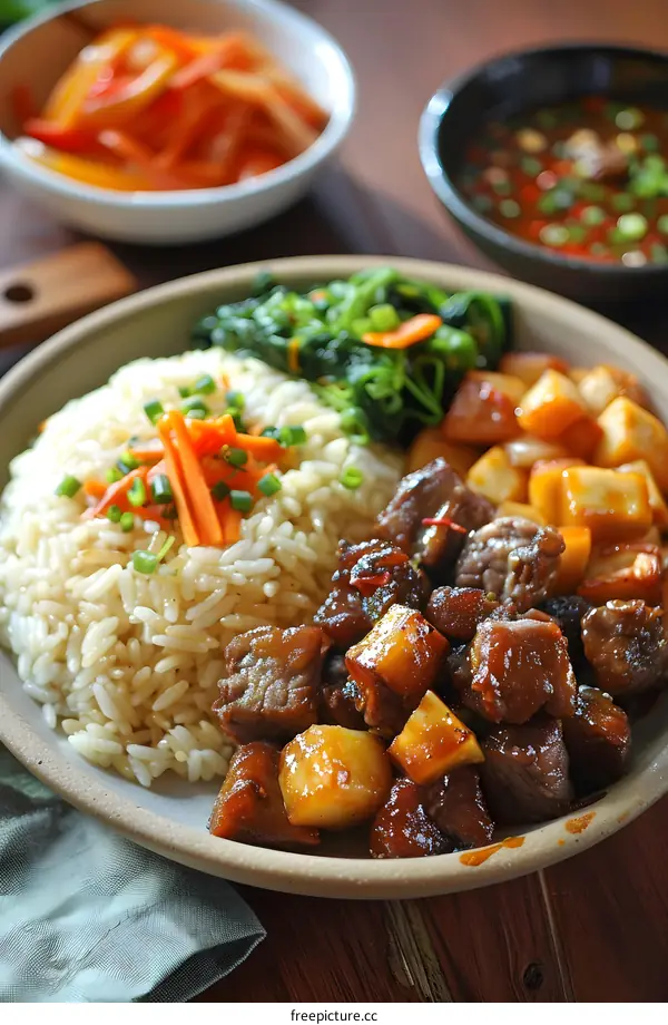 A plate of delicious food with rice, beef, and vegetables