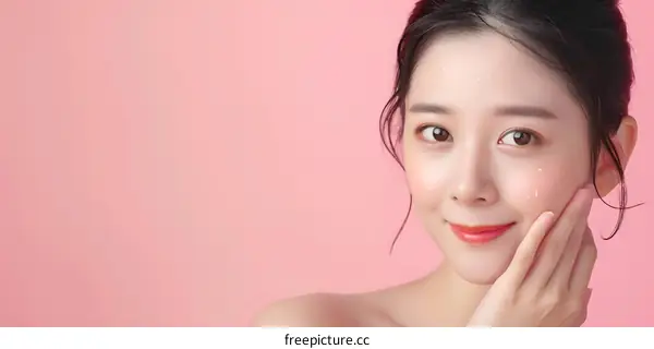 Beautiful Asian Woman with Clear Skin Posing Against Pink Background