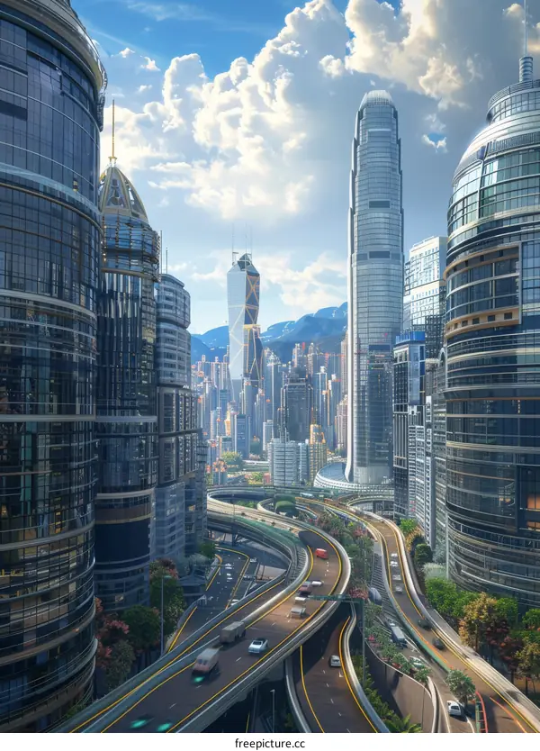 A Bustling Metropolis with Towering Skyscrapers and Intricate Road Networks