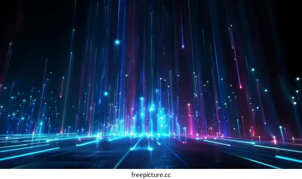 Blue and purple glowing particles form a futuristic digital landscape