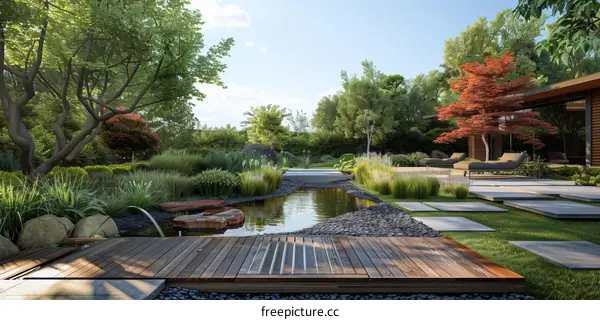 Courtyard with a pond and a wooden bridge