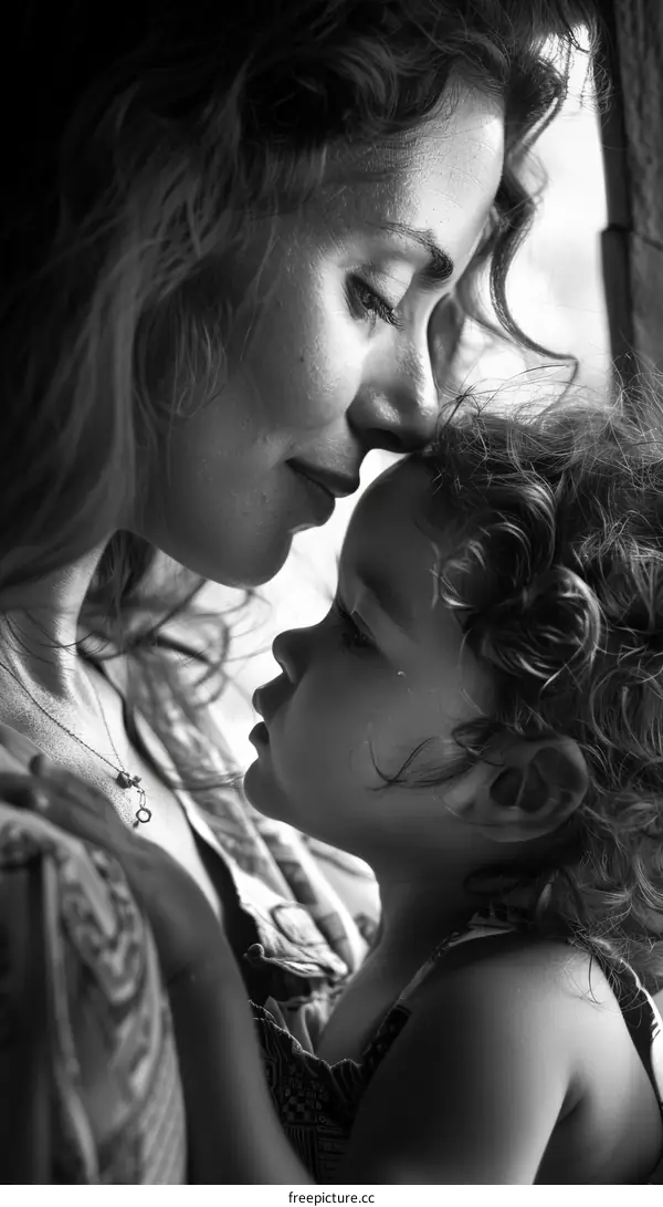 Black and white portrait of a mother and her child