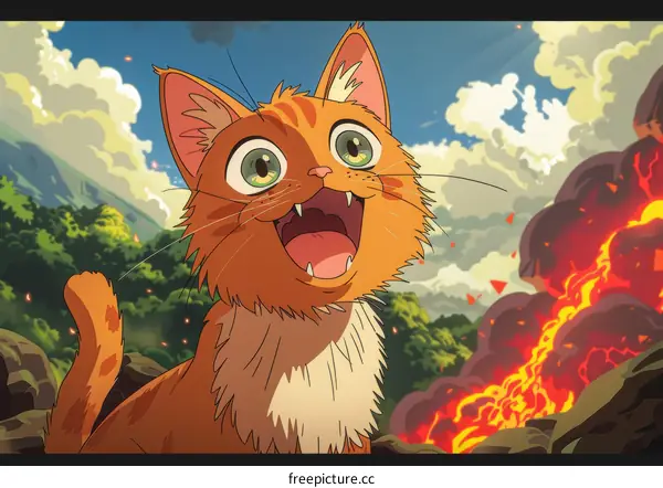 Surprised orange cat with green eyes and pink nose in front of a volcanic eruption