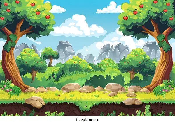 Cartoon Landscape with Green Trees and Rocks