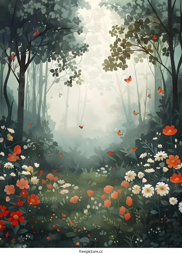 Watercolor Illustration of a Forest Clearing with Flowers and Butterflies
