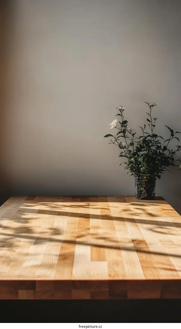 Wooden Tabletop with Sunlight and Flowers