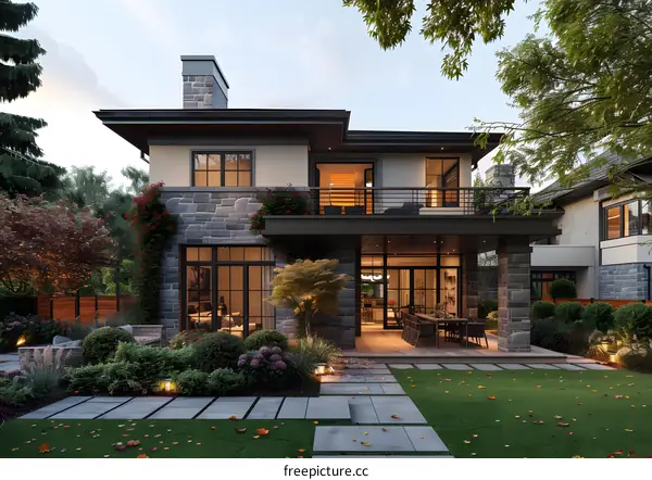 Modern House with Stone Facade and Backyard Patio