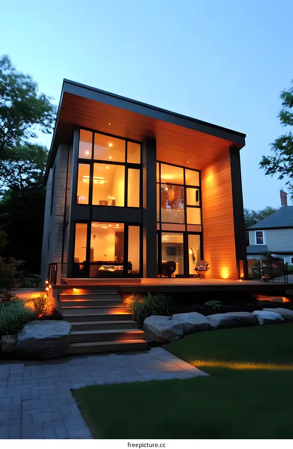 Modern Home With Large Windows and Stone Facade