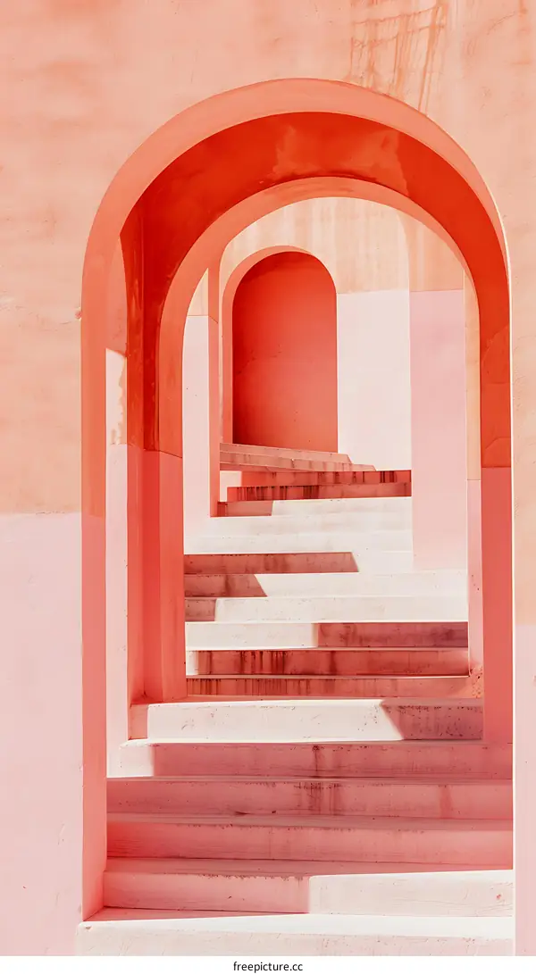 Pink Arches and Stairs in a Minimalist Architecture