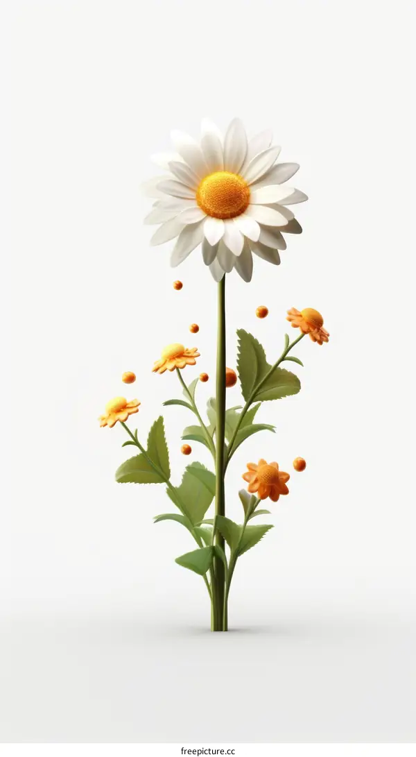 3D illustration of a white daisy flower with yellow center and green leaves on a white background