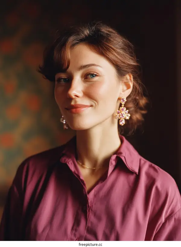 Portrait of a Caucasian Woman in a Burgundy Shirt
