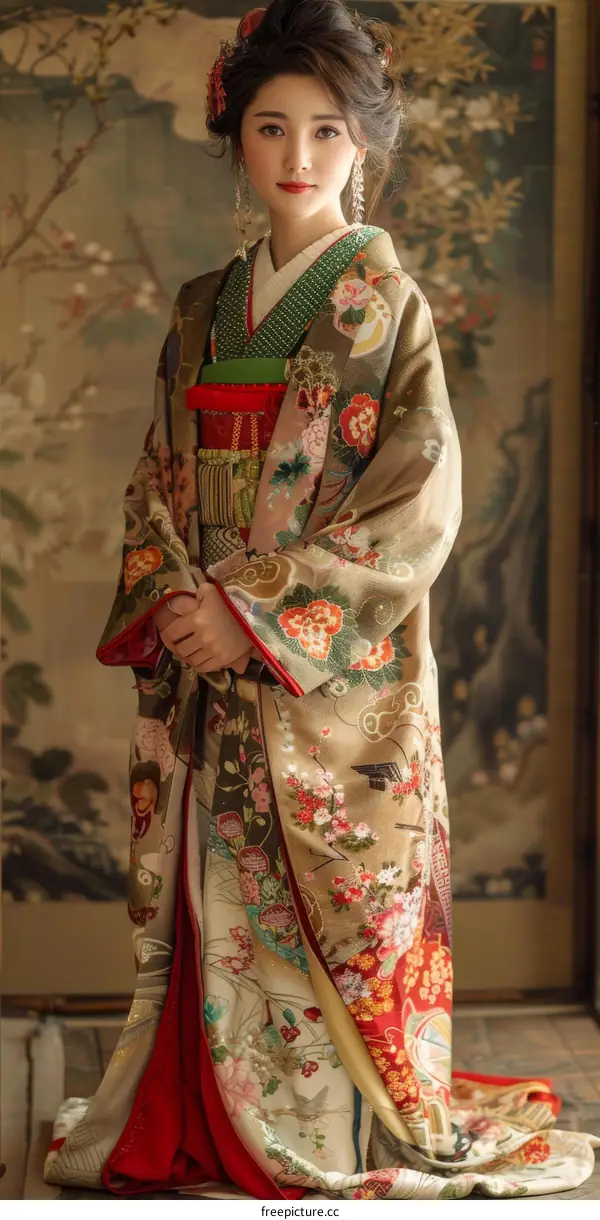 A woman wearing a kimono is standing in front of a traditional Japanese screen.