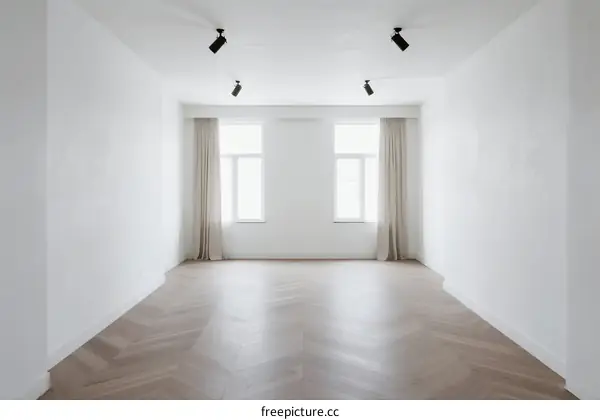 Bright and empty room with white walls and wooden flooring