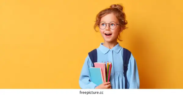 Schoolgirl with colorful books and pencils