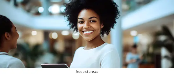 Smiling African American Woman Holding Tablet in Lobby