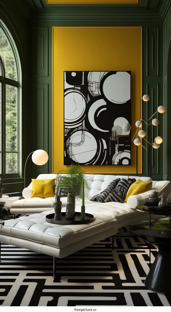 Modern interior design living room with white sofa and green walls