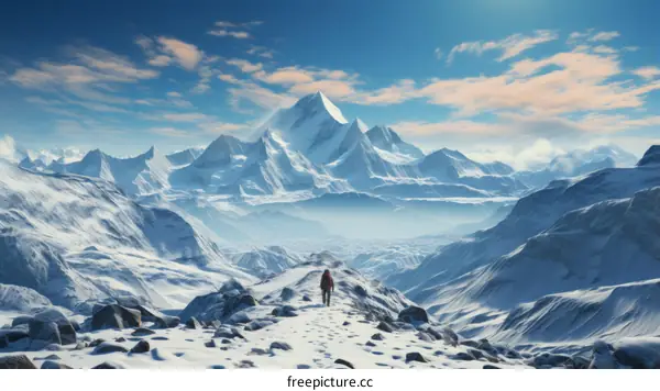 A lone hiker traverses a snowy mountain landscape