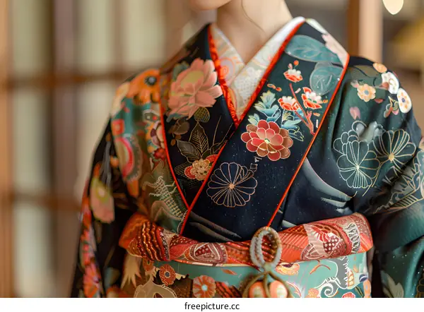 A woman wearing a kimono with floral embroidery