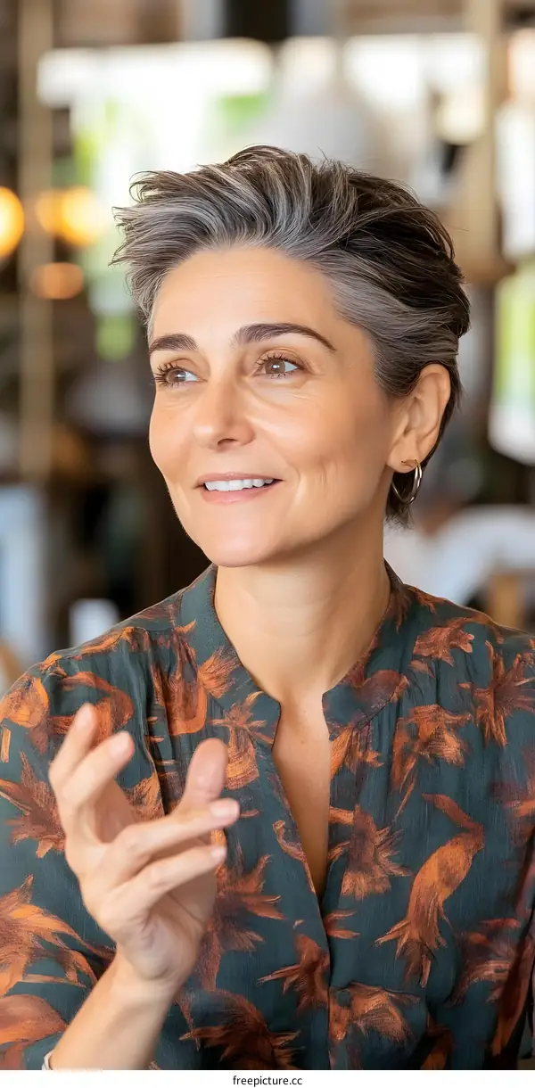 Portrait of a Woman with Short Gray Hair Wearing a Floral Shirt