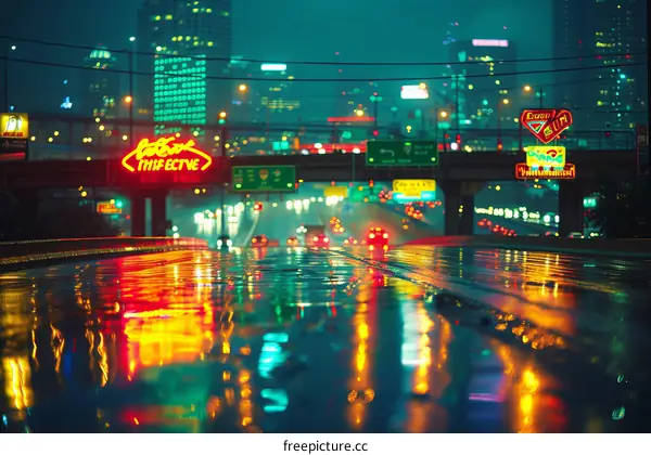 Cityscape of a neon city street at night with cars driving on a highway during a heavy rain