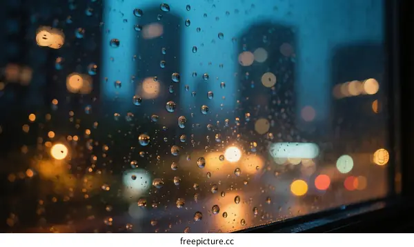 Rain-drops Covered Glass Window with Blurred City Lights Outside