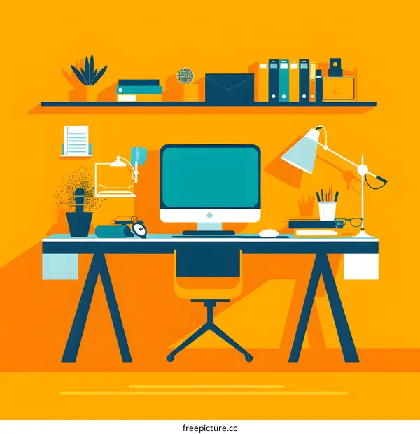 Modern Minimalist Home Office Desk with Computer, Lamp, and Plants