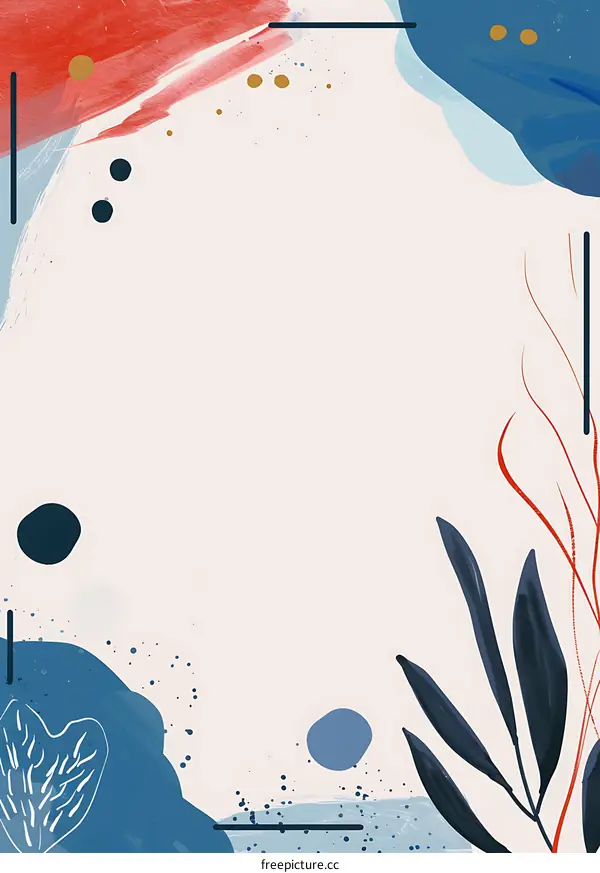 Abstract Blue and Red Watercolor Painting With Leaves