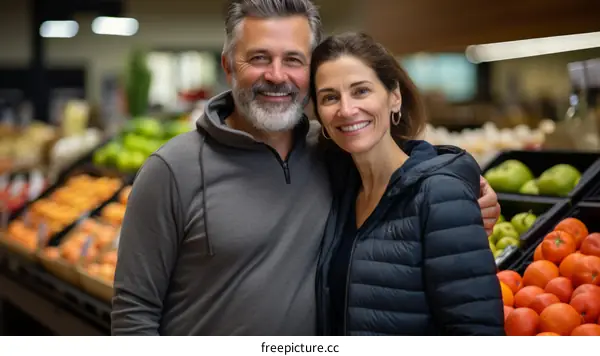 Happy couple shopping for fresh fruits and vegetables at a grocery store