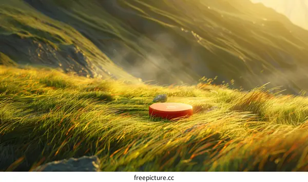 Red Circle on Green Hill in Sunlight