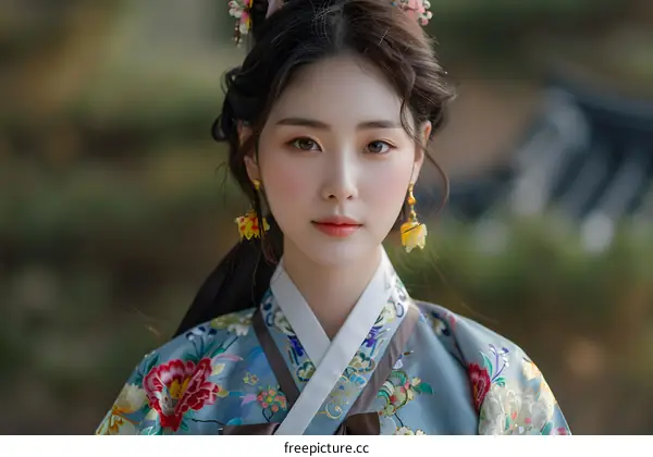 Portrait of a beautiful young Korean woman in traditional Hanbok dress
