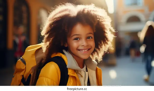 Portrait of a smiling young girl with curly hair wearing a yellow jacket and backpack