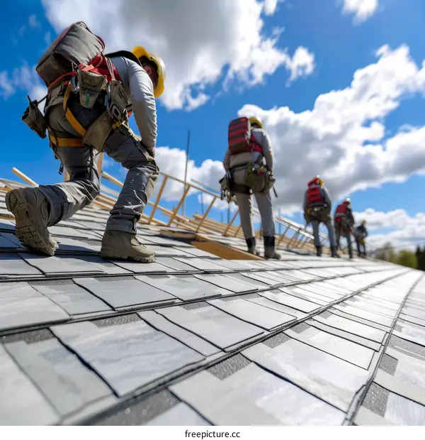 Roofers installing new roof shingles on a house