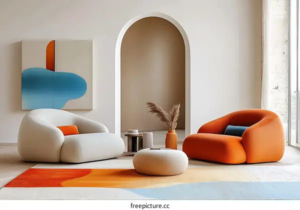 Modern Living Room with Abstract Artwork and Colorful Furniture