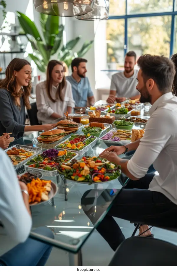 Multiethnic group of friends having lunch together at a table full of food