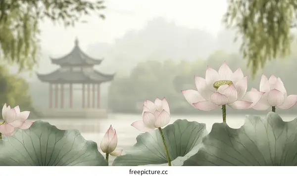 Lotus Pond with Chinese Pavilion in Misty Weather