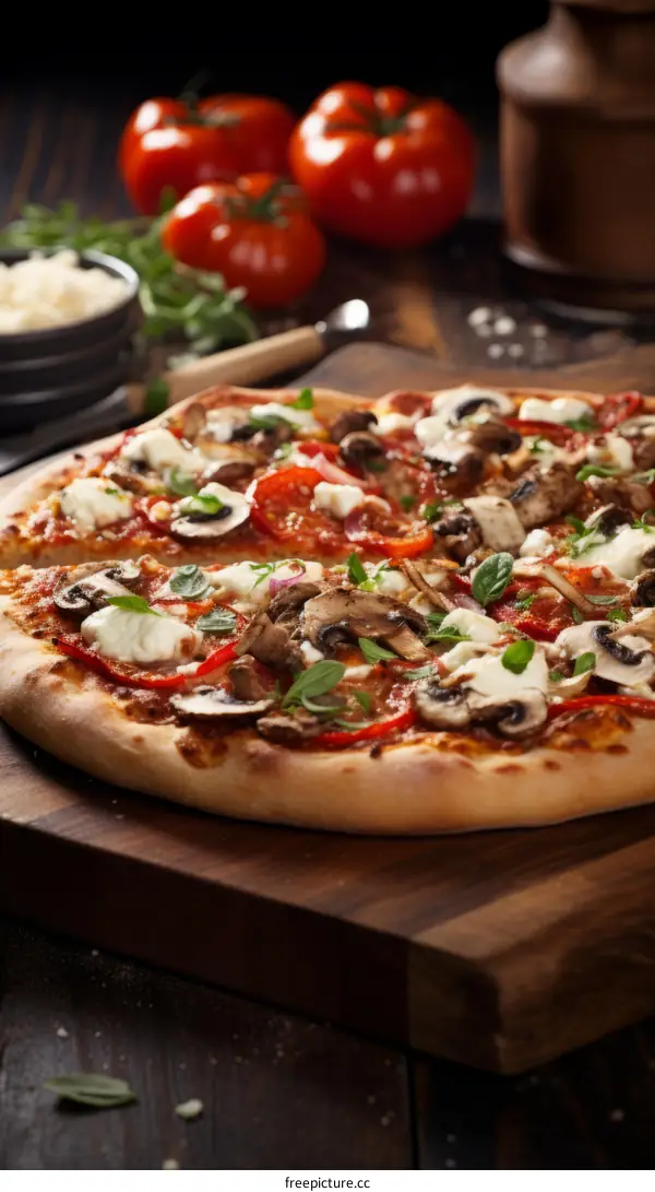 A delicious pizza with mushrooms, tomatoes and basil