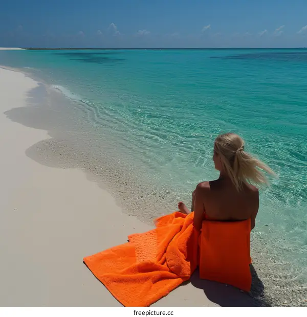 A woman in a bikini is sitting on a beach in the Maldives, looking out at the ocean.