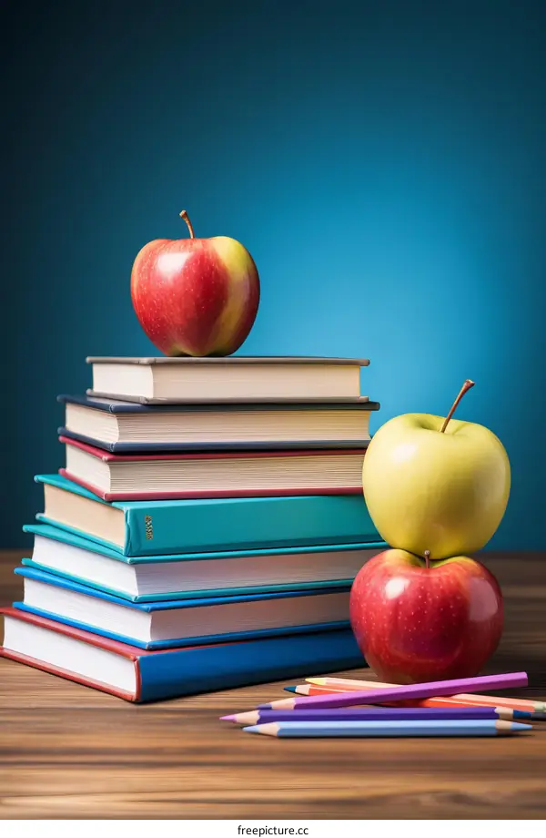 Stack of books with apples and pencils