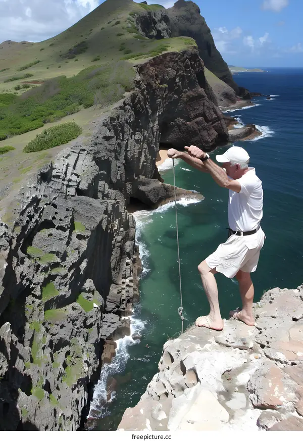 Senior Man Standing on Cliff Edge and Holding Rope Over Ocean