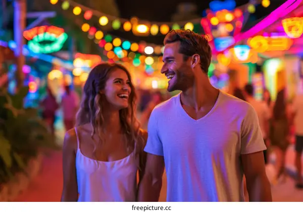 Young couple laughing and walking at a night market