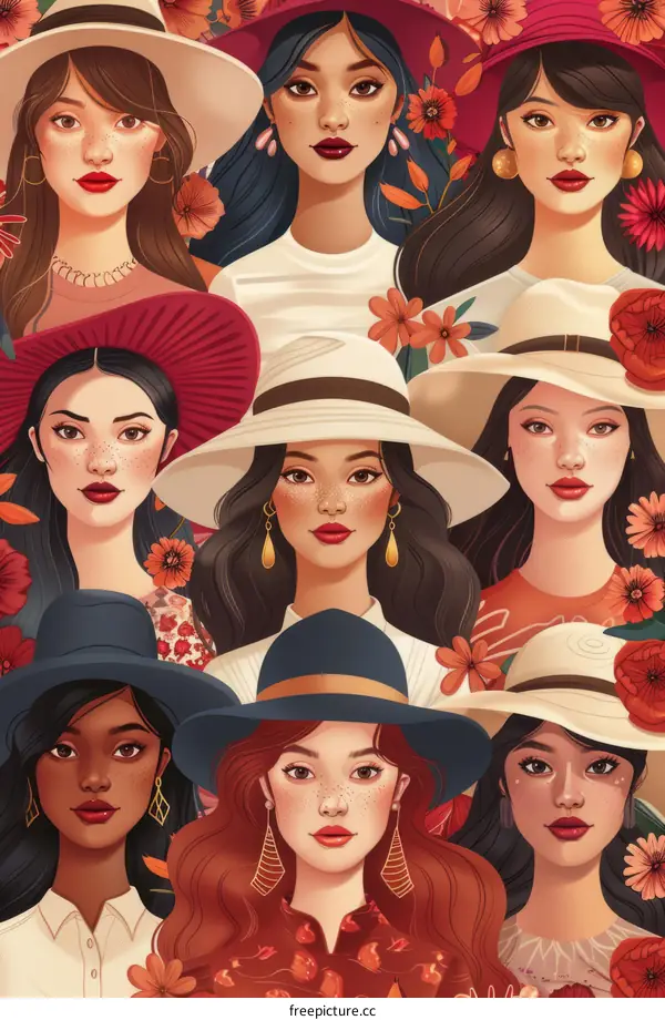 Diverse Women in Hats and Earrings with Floral Background